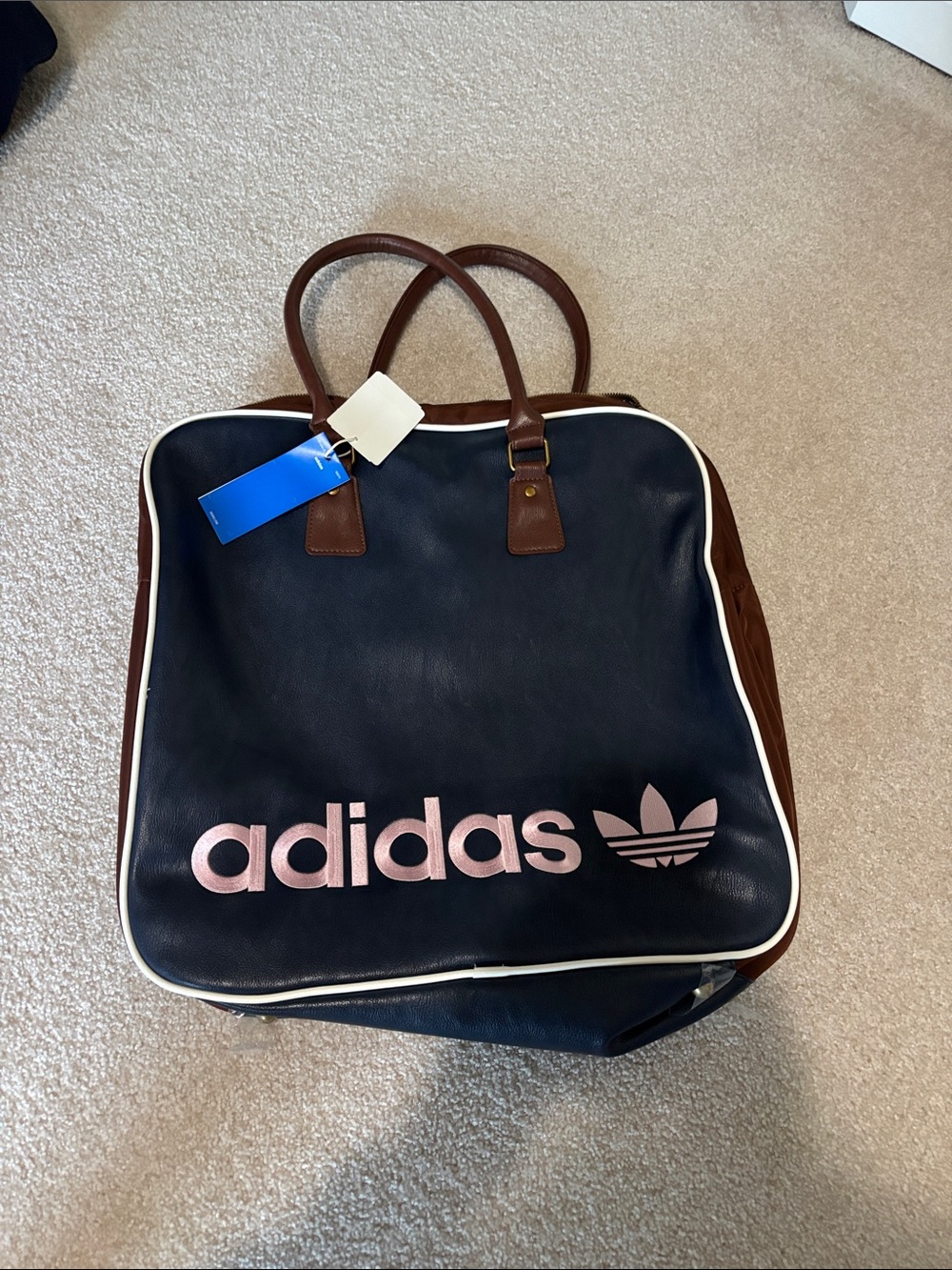 adidas Navy leather Duffel Bag with Brown Accents and Pink Logo